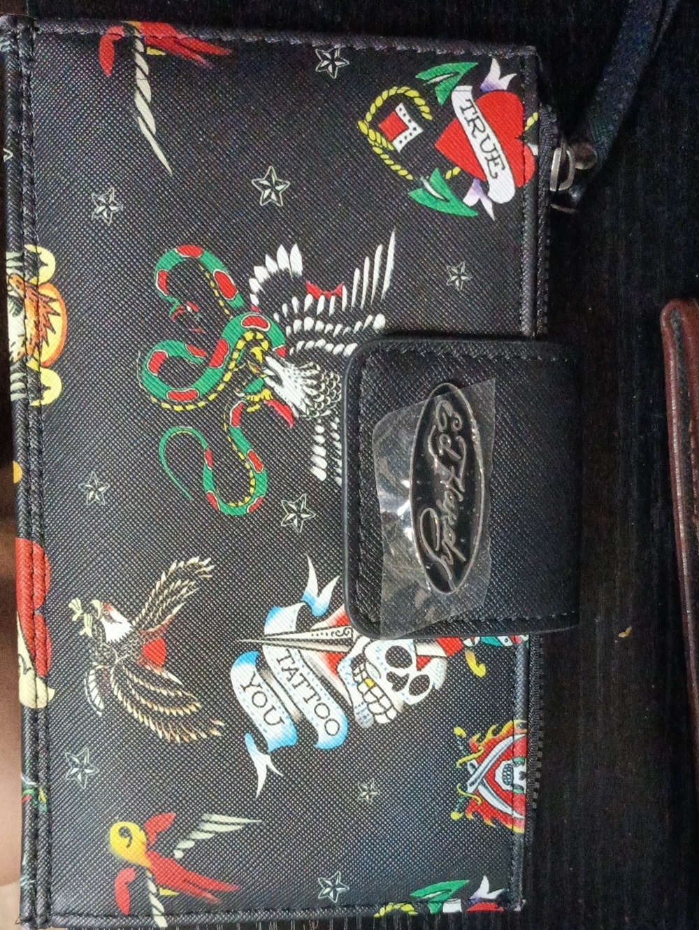 Ed Hardy Black Tattoo-Print Clutch with Multicolor Accents